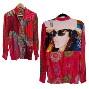 Desigual Popover Blouse Top Womens M Boho Graphic Avant Garde Eclectic Artistic